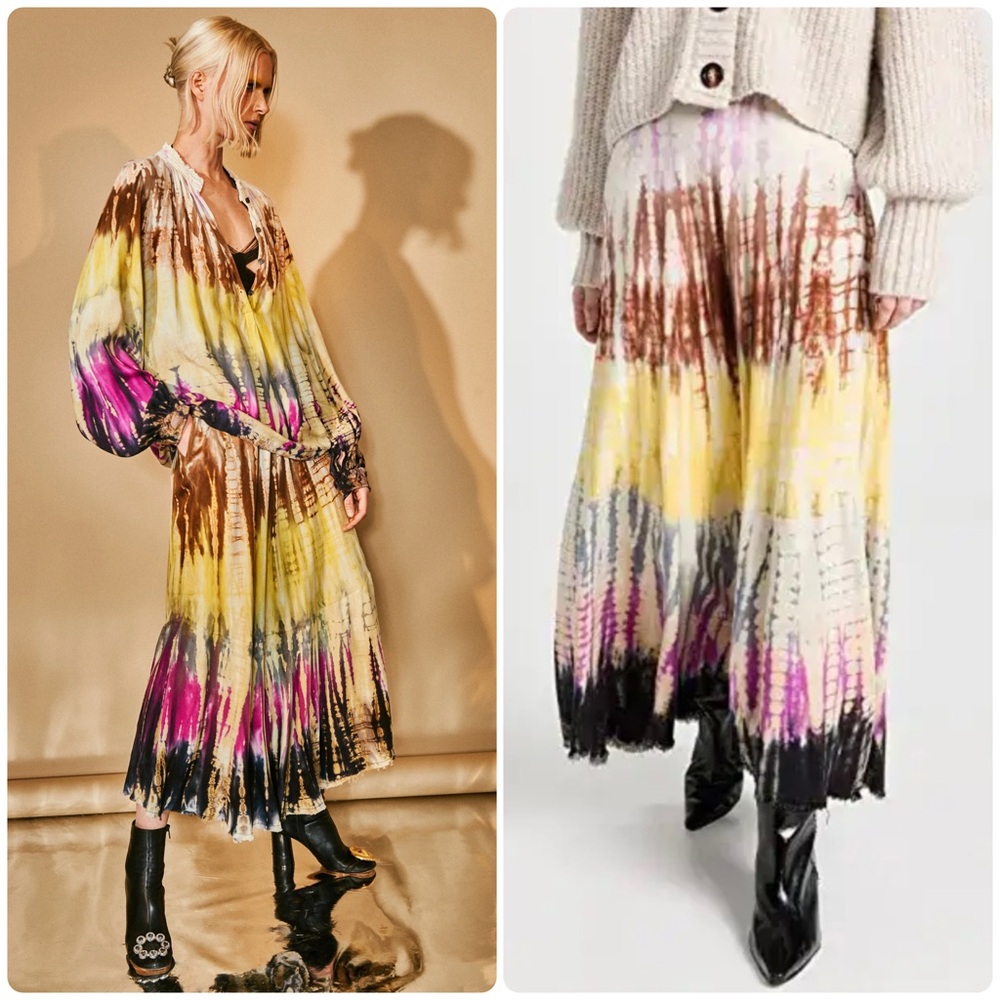 New! Raquel Allegra Frida Tie Dye Pink, Brown & Yellow Midi Skirt 💛 Small NWT!! - Picture 2 of 16